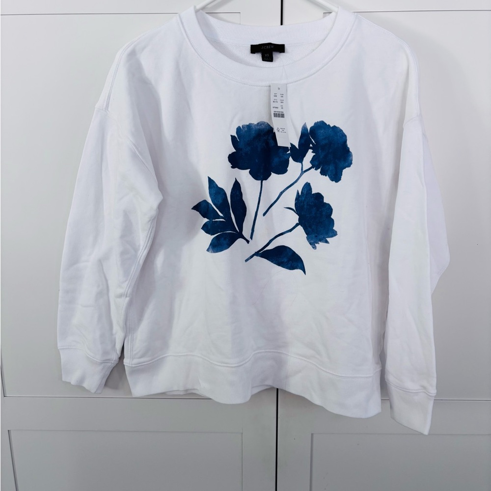 J. Crew White Sweatshirt with Blue Floral Pattern
